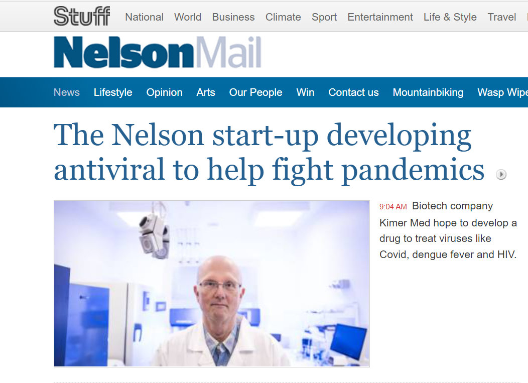 Screenshot of the Nelson Mail/Stuff lead story about Kimer Med's antiviral development work.
